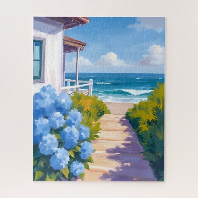 Cape Cod Beach Path | Hydrangea Coastal Painting Puzzle (Vertikal)