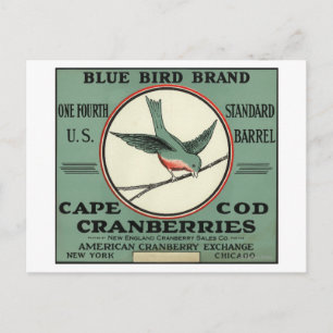 Cape Cod Blue Bird Markenzeichen Cranberry Label Postkarte