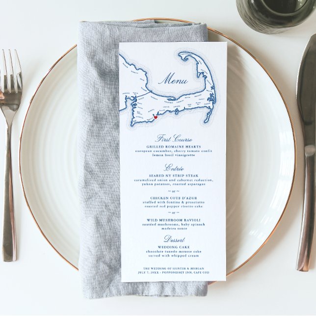 Cape Cod Hochzeit in Urlaubsort Navy Blue Menükarte (These navy blue and white Cape Cod Map Wedding menus are perfect for your wedding at Popponesset inn)