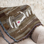 Cape Cod Home Town Personalized Wood Look Decke<br><div class="desc">Show some hometown pride with this cute rustic faux wood plank throw blanket featuring "home" in white calligraphy script lettering with a silhouette map of Cape Cod standing in for the letter "O." A pink heart illustration inside the state map completes the design; you can change the position of the...</div>