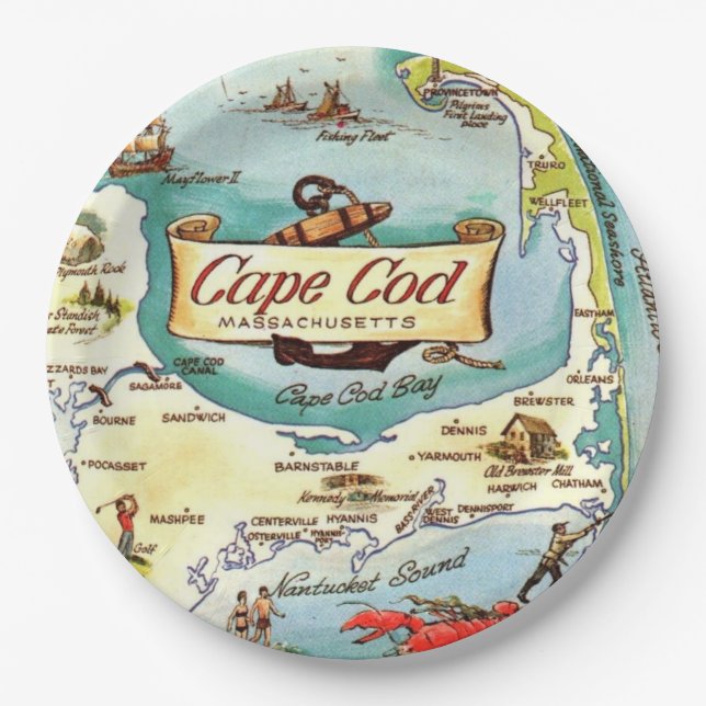 Cape Cod MA Karte  Pappteller (Vorderseite)