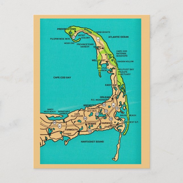 Cape Cod MA Karte Postkarte (Vorderseite)