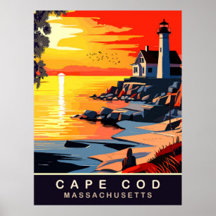 Cape Cod, MA, Sunset on Coast, Travel Poster