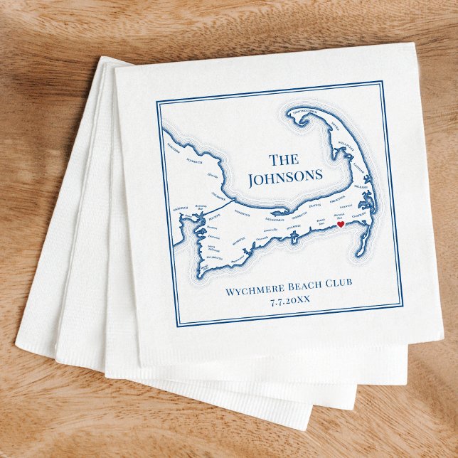 Cape Cod Map Elegante Personalisierte Hochzeit Nap Serviette (Cape Cod Elegant Wedding Napkins for a Cape Cod destination wedding at Wychmere Beach Club)