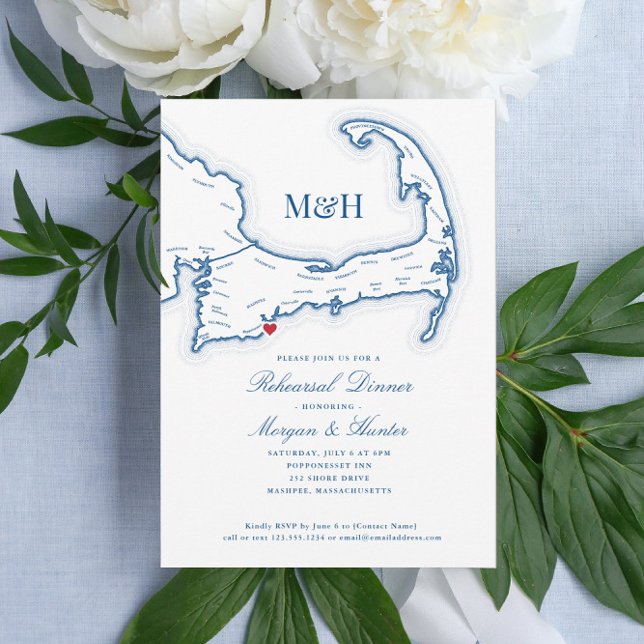 Cape Cod Map Elegante Probe Abendessen Einladung (Cape Cod Rehearsal dinner invitations with a map of the Cape are perfect for a destination wedding)