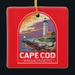 Cape Cod Massachusetts Keramikornament<br><div class="desc">Cape Cod Retro Vektor Reise Design in einem Emblem Stil. Es ist der Ort der malerischen Dörfer,  Meeresfrüchte-Hütten,  Leuchttürme,  Teiche und Bucht-und Ozeanstrände.</div>