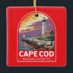 Cape Cod Massachusetts Keramikornament<br><div class="desc">Cape Cod Retro Vektor Reise Design in einem Emblem Stil. Es ist der Ort der malerischen Dörfer,  Meeresfrüchte-Hütten,  Leuchttürme,  Teiche und Bucht-und Ozeanstrände.</div>