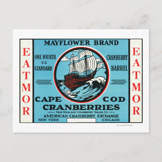 Cape Cod Mayflower Eatmor Cranberries Marke Postkarte (Vorderseite)