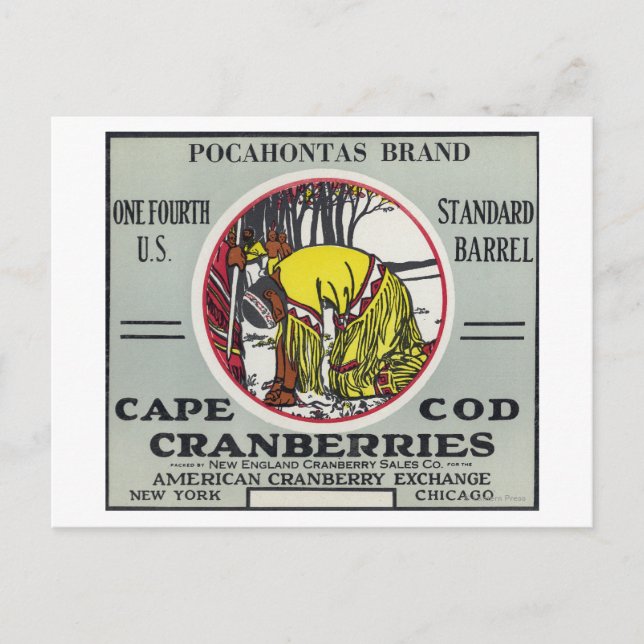 Cape Cod Pocahontas Markenzeichen Cranberry Label Postkarte (Vorderseite)