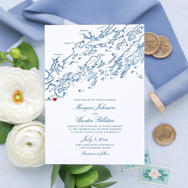 Cape Elizabeth Maine Elegant Navy Map Wedding Einladung (These Cape Elizabeth Maine invitations are perfect for your destination wedding on Casco Bay)