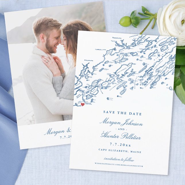 Cape Elizabeth Maine Karte Elegant Wedding (Elegant Cape Elizabeth Photo Save the date with free addressing from Coastal Map Designs)