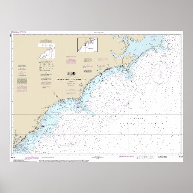 Cape Hatteras to Charleston Nautical Chart 11520 Poster (Vorne)