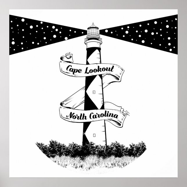 Cape Lookout Leuchtturm Schwarz-Weiß Poster (Vorne)