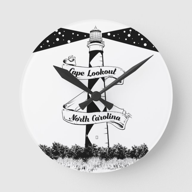 Cape Lookout Leuchtturm Schwarz-Weiß Runde Wanduhr (Vorderseite)
