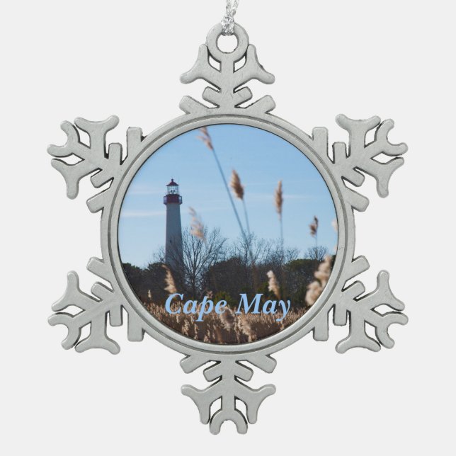 Cape May Leuchtturm Schneeflocken Zinn-Ornament (Vorderseite)