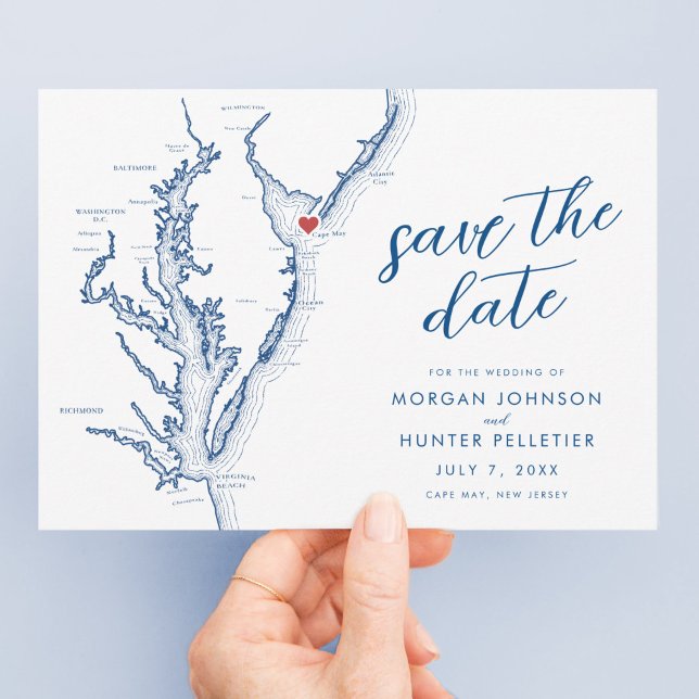 Cape May New Jersey Karte Moderne Hochzeit (Cape May New Jersey Wedding Save the Date with Navy blue Chesapeake Bay map and modern typography )