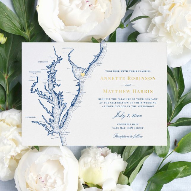 Cape May New Jersey Wedding Navy und Gold Folieneinladung (Von Creator hochgeladen)