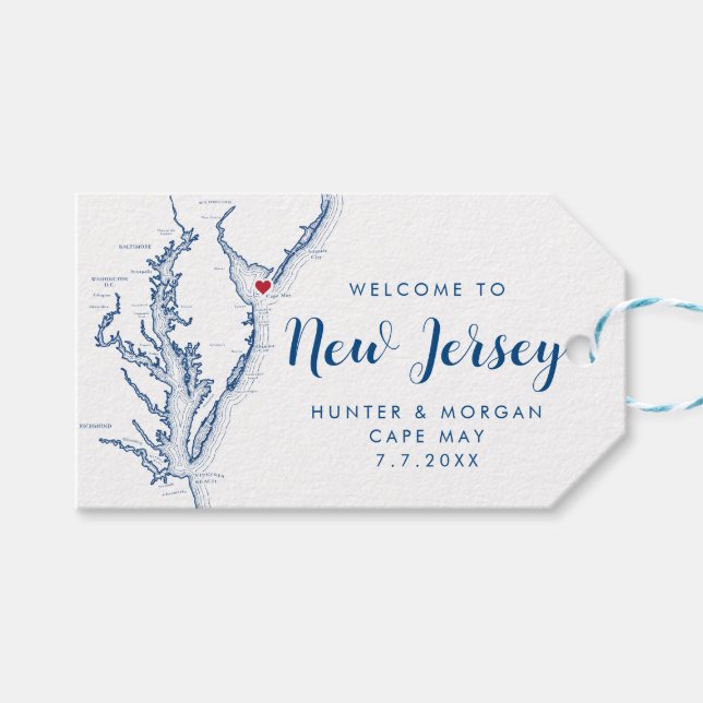 Cape May NJ Minimal Modern Navy Hochzeit Willkomme Geschenkanhänger (Vorderseite (Horizontal))