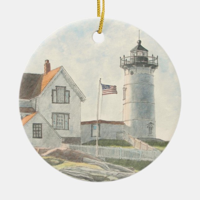 Cape Neddick Leuchtturm Aquarell Keramik Ornament (Vorne)