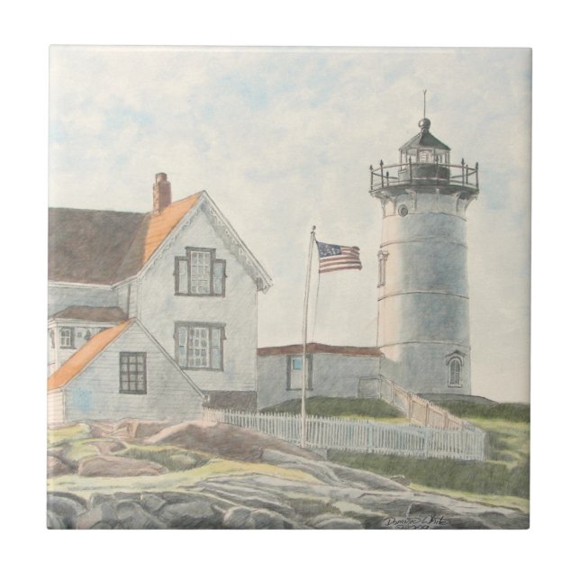 Cape Neddick Lighthouse Watercolor Fliese (Vorderseite)