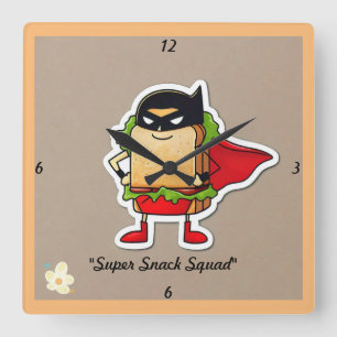 "Caped Food Fun" Quadratische Wanduhr