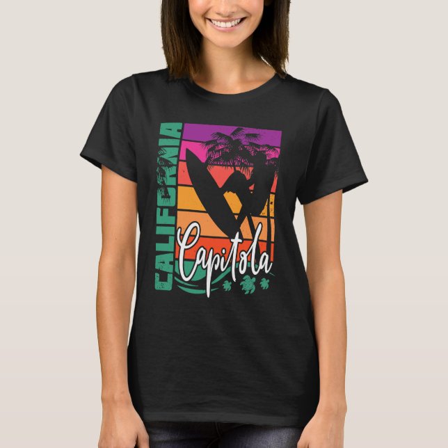 Capitola California Retro Sunset Beach Surfer Surf T-Shirt (Vorderseite)