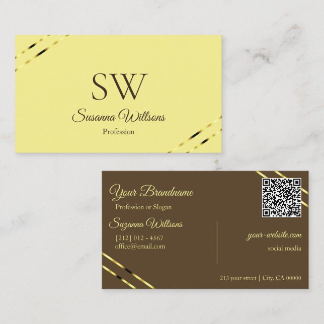 Cappuccino Beige Gold Linien mit Monogramm QR Code Visitenkarte (Vorne/Hinten)