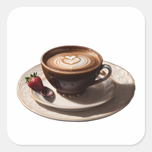 Cappuccino Kaffee mit Erdbeeren Quadratischer Aufkleber (Vorderseite)