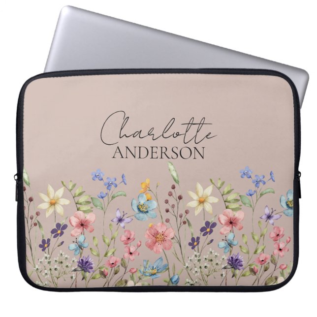Cappuccino Wildblume Name Monogramm Laptopschutzhülle (Vorderseite)