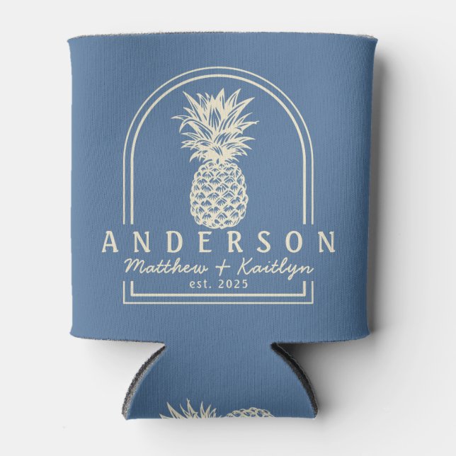Capri Blue Ananas Hochzeitsbogen & Name Dosenkühler (Vorderseite)