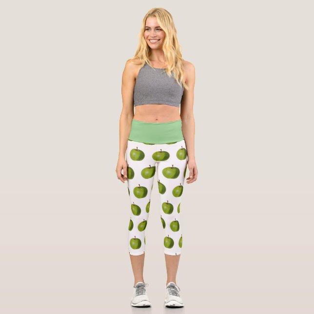 Capri Leggings mit einem grünen Apfeldesign (Vorderseite)