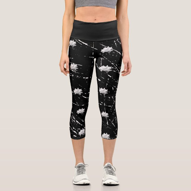 Capri Leggings Schwarz-weiße Rose und Kratzer (Vorderseite)