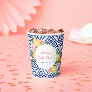 Capri Lemons Blue & White Tiles Baby Dusche Party Pappbecher