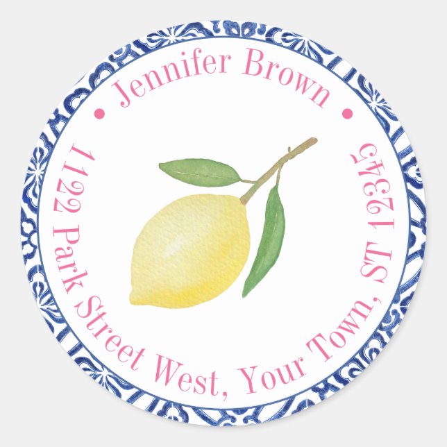Capri Lemons Pink Blue Tile Dusche Rücksendeadress Runder Aufkleber (Vorderseite)