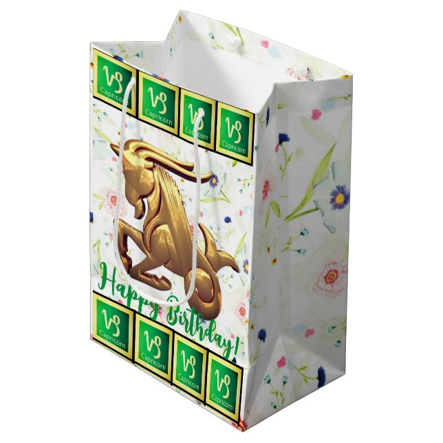 Capricorn - Happy Birthday Medium Gift Bag Mittlere Geschenktüte (Vorderseite Schrägansicht)