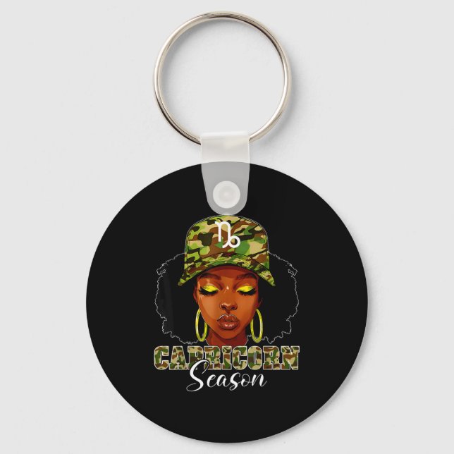 Capricorn Season Black Woman With Camo Hat Birthda Schlüsselanhänger (Vorderseite)