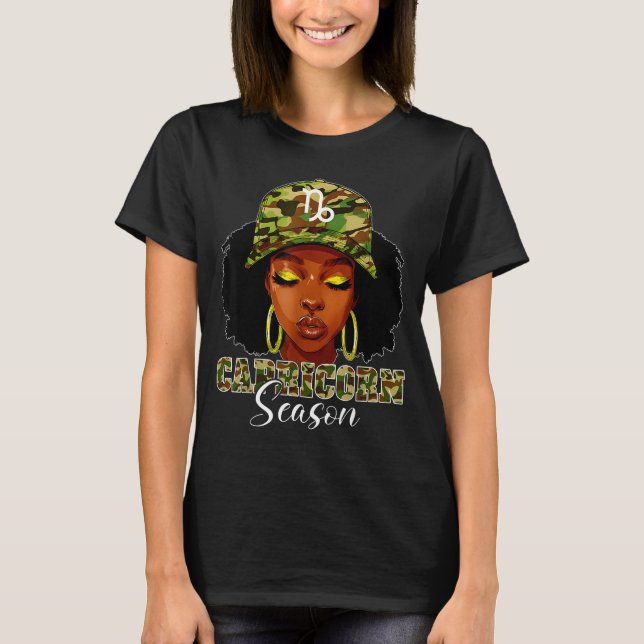 Capricorn Season Black Woman With Camo Hat Birthda T-Shirt (Vorderseite)