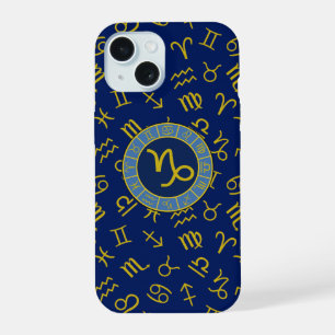 Capricorn Zodiac+Astrology Symbole PDF Gold+Blues iPhone 15 Hülle