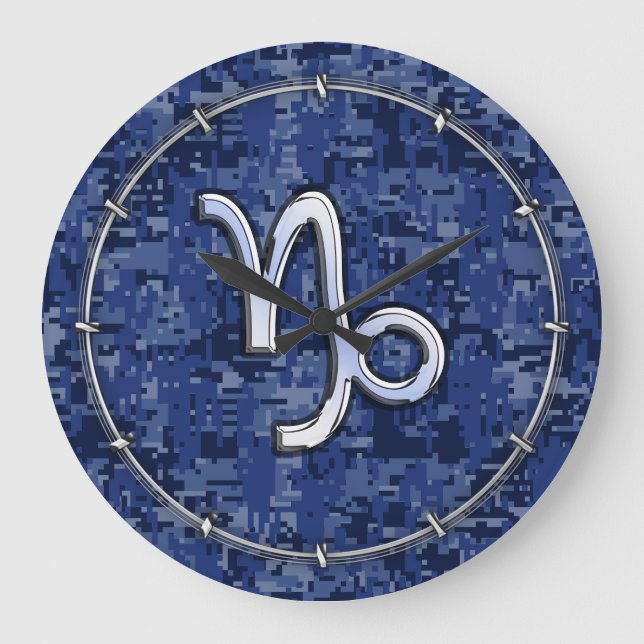 Capricorn Zodiac Sign auf Navy Digital Camouflage Große Wanduhr (Vorderseite)