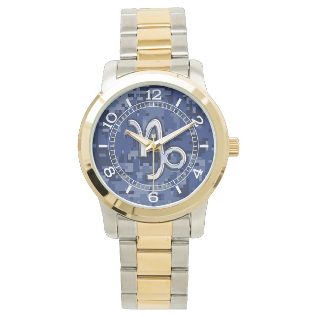 Capricorn Zodiac Sign on Navy Camouflage Dial Armbanduhr (Vorderseite)
