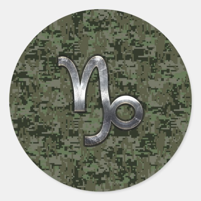 Capricorn Zodiac Symbol Green Digital Camouflage Runder Aufkleber (Vorderseite)