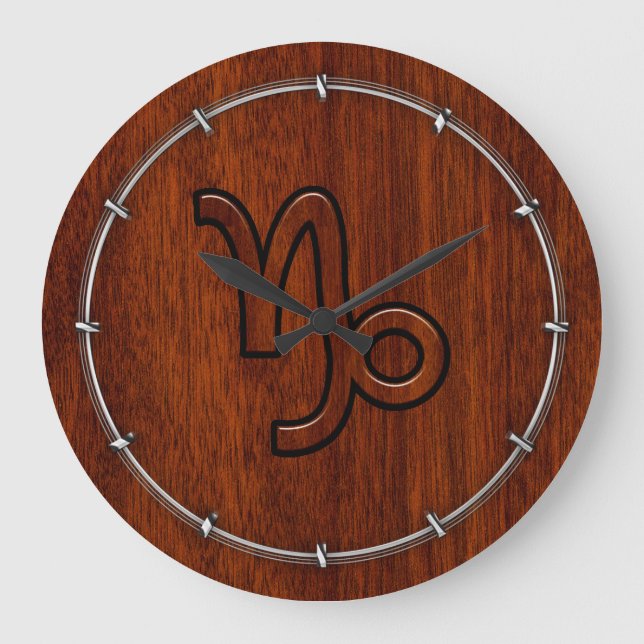 Capricorn Zodiac Symbol in Mahogany Brown Große Wanduhr (Vorderseite)