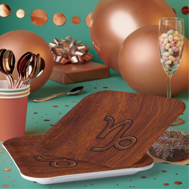 Capricorn Zodiac Symbol in Mahogany Brown Pappteller (Multi)