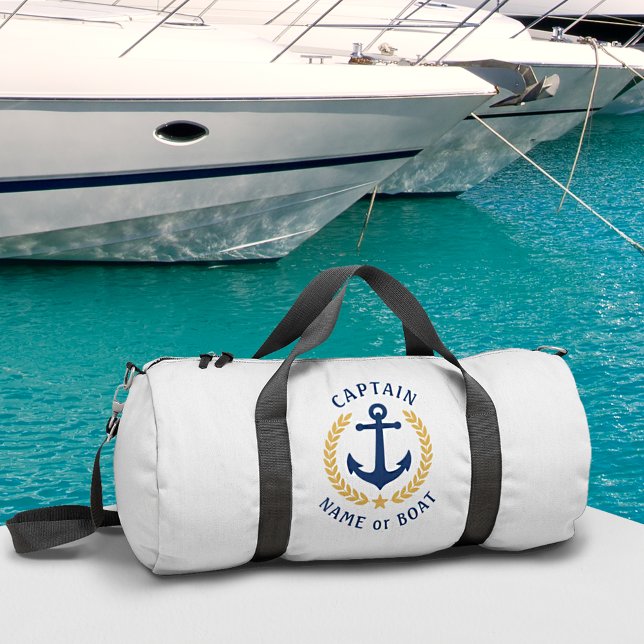 Captain Anchor Boat Name Gold Laurel Star Gym Duffle Bag (2 sizes to choose from. Edit to change to any color needed.)
