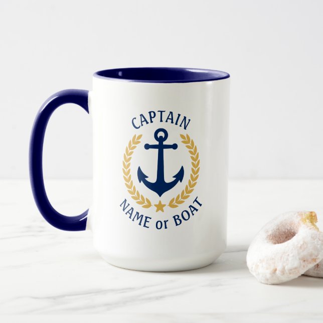 Captain Boat Name Anchor Gold Style Laurel Large Tasse (Mit Donut)