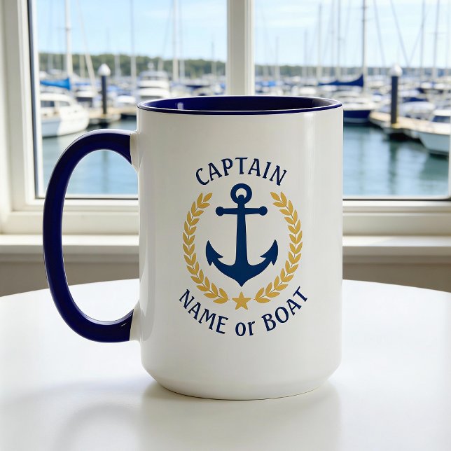 Captain Boat Name Anchor Gold Style Laurel Large Tasse (Von Creator hochgeladen)