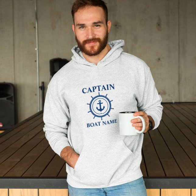 Captain Boat Name Anchor Rope Helm Nautical Grau Hoodie (Customize to change text size. Choose from a variety of shirt colors and styles.)