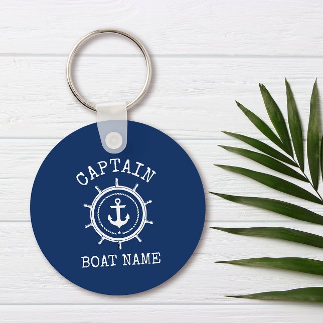 Captain Boat Name Blue Nautical Anchor Rope Helm Schlüsselanhänger (Customize to change text size or text style.)