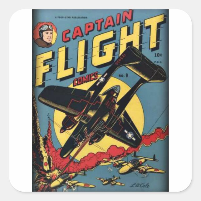 Captain Flight Vintages Goldenes Comic Quadratischer Aufkleber (Vorderseite)