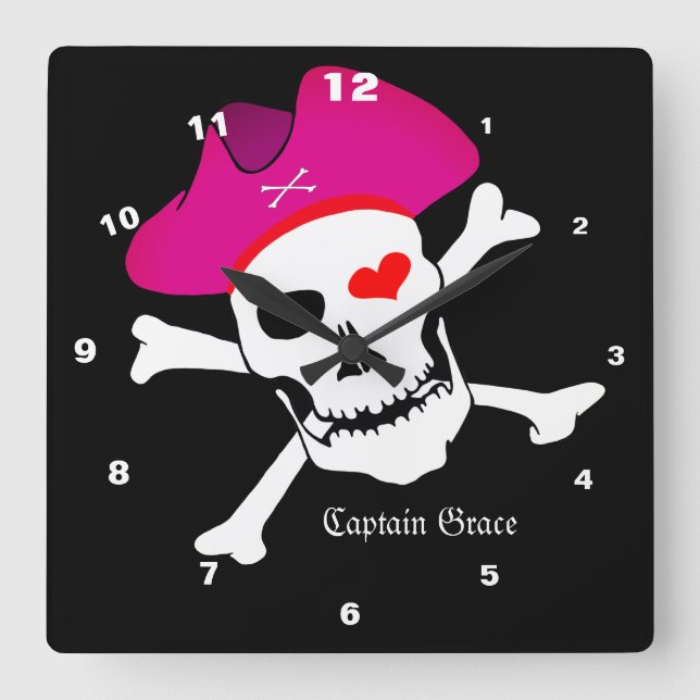 Captain Grace & Pirates Flag, Skull House / Boot Quadratische Wanduhr (Vorderseite)